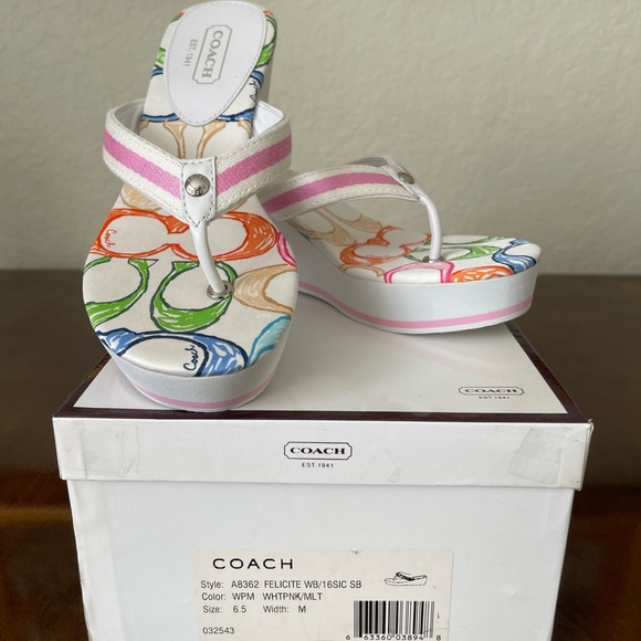Coach Signature Felicite White Pink Multicolor Sandals Wedge Flip Flops 6.5 M - Picture 2 of 6